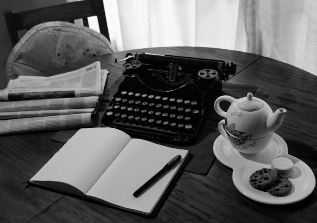 Vintage,Typewriter,On,Wooden,Table,Accompanied,By,A,Teapot,,A