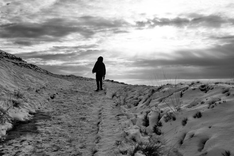 Rivington,Terraced,Gardens.person,Walking,On,A,Snow-covered,Path,Under,A